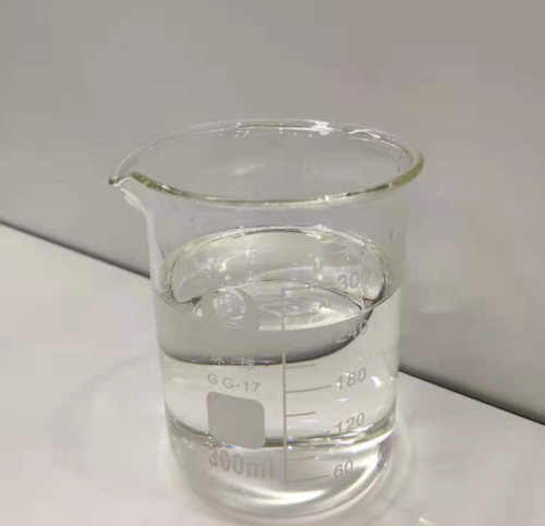Clear Perfluoro(methyldecalin) liquid sample in a laboratory beaker